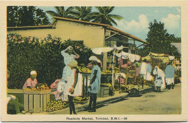 A historic postcard depicting a market in Trinidad