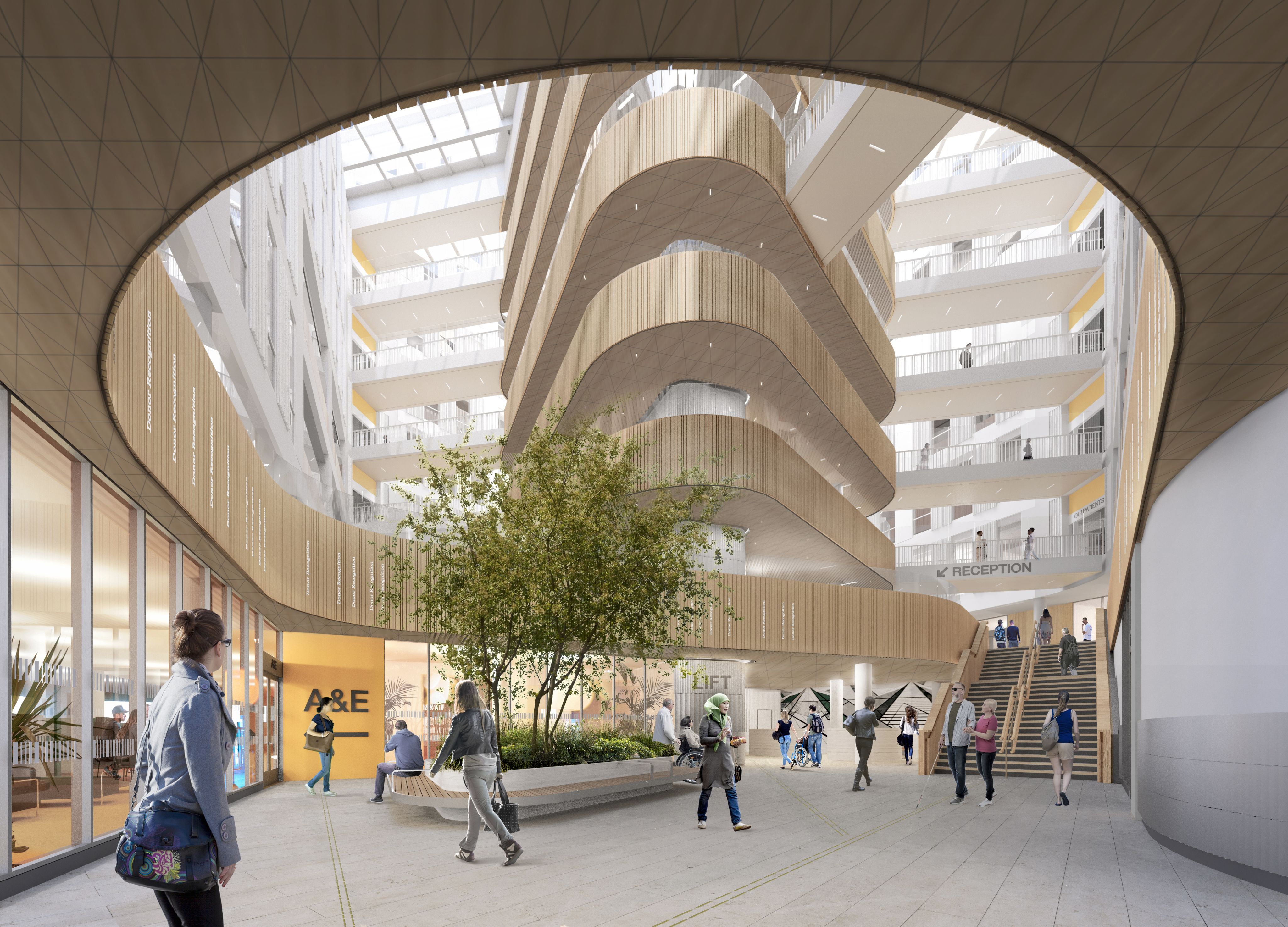 A CGI image of the new building. It shows a light and airy atrium with a tress in the centre and a central column surrounded by wood-clad walkways