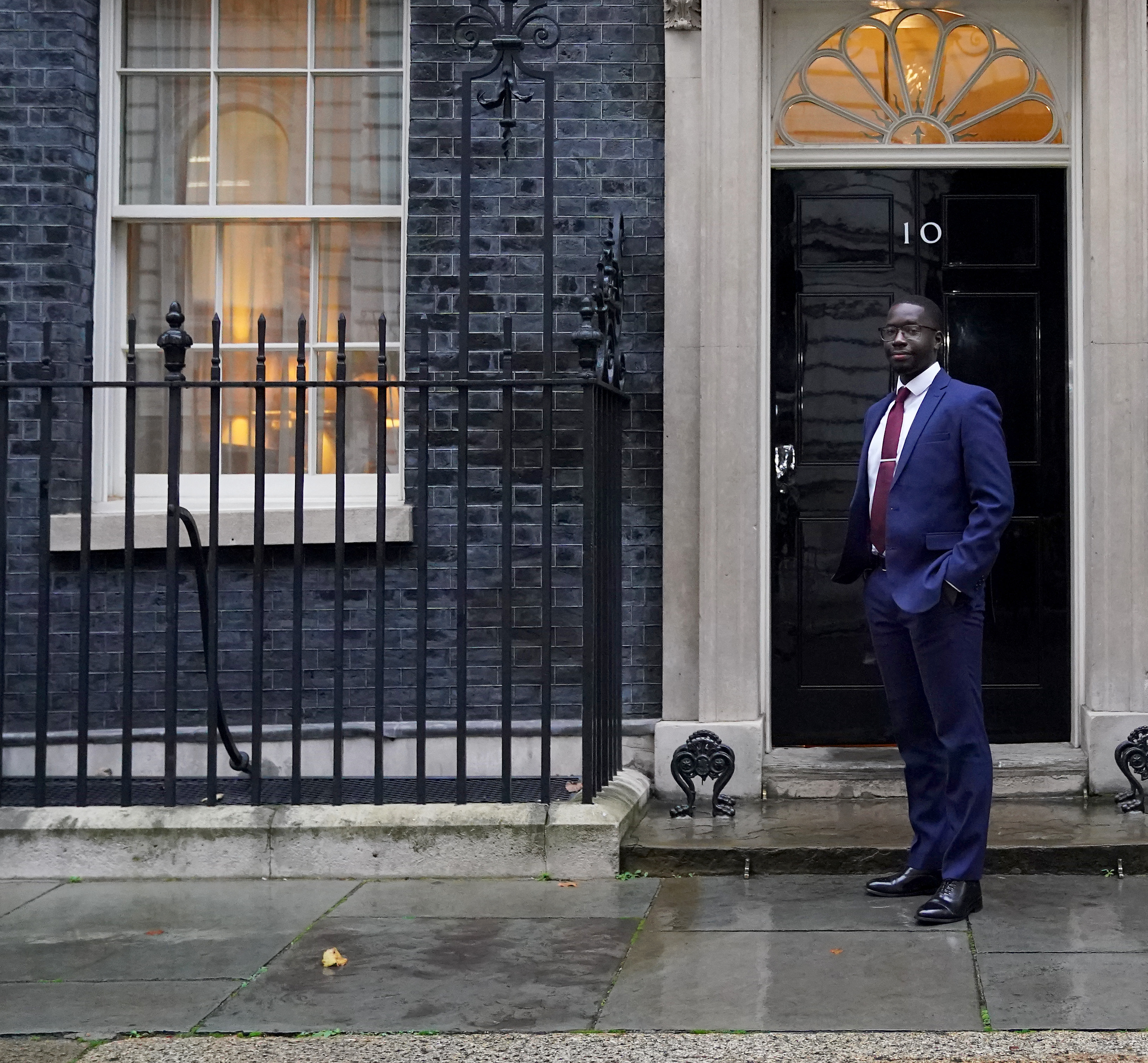 Masamba Senghore pictured by the front door to 10 Downing Street in 2020.