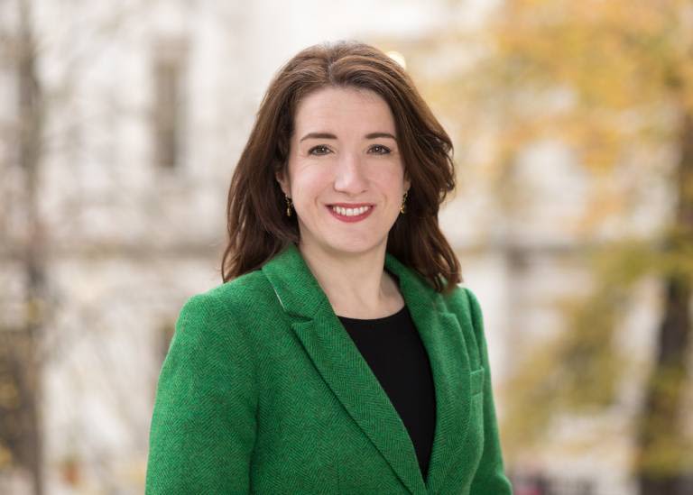 Profile photo of Angharad Milenkovic, UCL Vice-President (Advancement), at UCL's Main Quad.