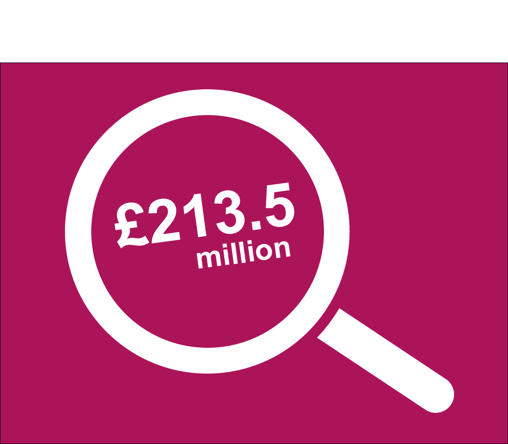 A vector of a magnifying glass displaying the philanthropic income for research (£213.5 million).